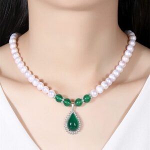 Jawaher Emerald Teardrop Pearl necklace genuine nearly round pearls 925 silver plated hardware teardrop green stone crystal halo luxury women jewelry