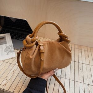 Jawaher The Korean Soft Handbag durable medium soft pu leather ruched pleated design K-fashion twisted handle khaki brown purse 0.27kg
