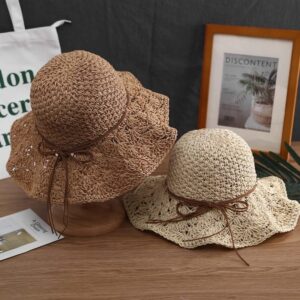 awaher Boho Raffia Hat durable breathable woven natural straw dome style double rope leaf tie khaki beige pink sun beach hat
