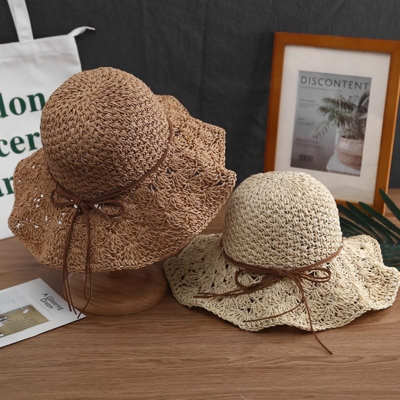 awaher Boho Raffia Hat durable breathable woven natural straw dome style double rope leaf tie khaki beige pink sun beach hat
