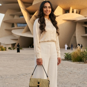 A model carries a khaki handbag from Jawaher.