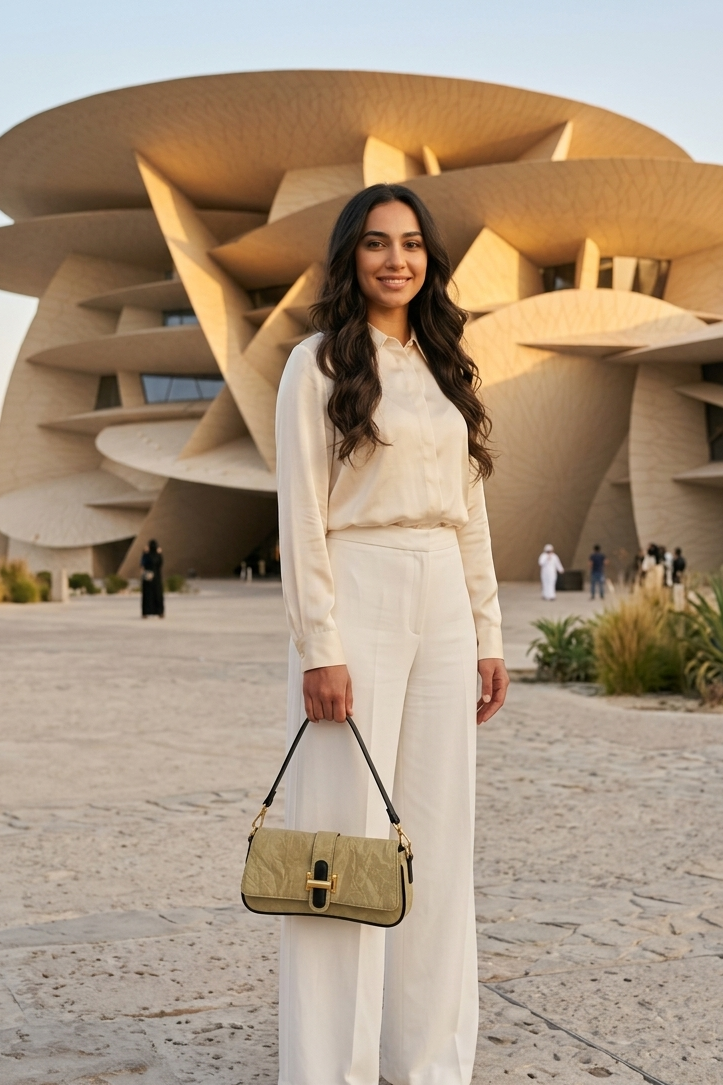 A model carries a khaki handbag from Jawaher.