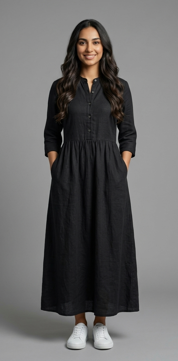 a model wears a black dress freedom dress from jawaher