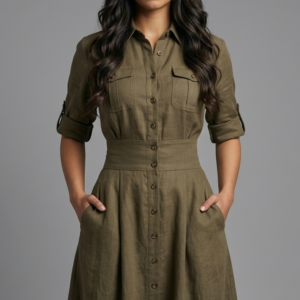 Jawaher Green Emerald Dress high waist flared shirt dress فستان الزمرد الاخضر من جواهر