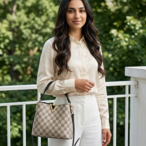 Jawaher Monogram Bucket Bag durable premium pu leather geometric pattern gold V hardware zipper purse