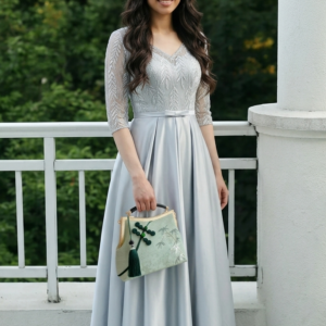 Jawaher Royal Lace silhouette evening gown in elegant silver gray