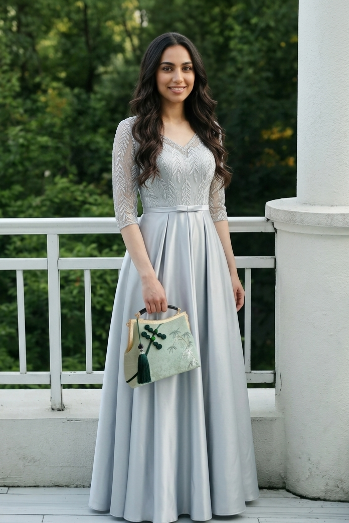 Jawaher Royal Lace silhouette evening gown in elegant silver gray